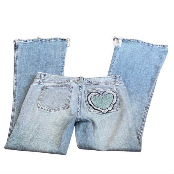 Lilu Denim - Lilu Vintage 90s light wash jean distress blue wide leg beaded heart bell bottom